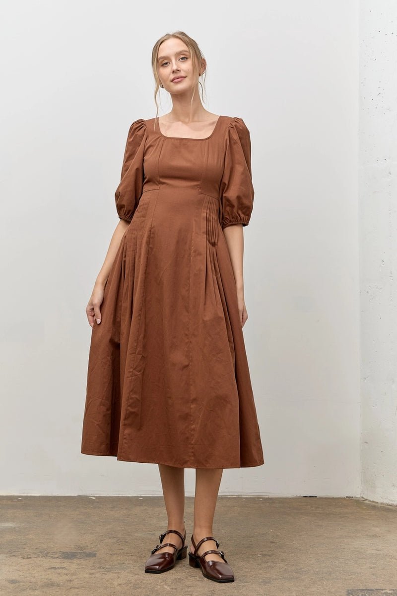 Brown Cotton Bubble Sleeve Midi Dress X-Large Brown Cotton Bubble Sleeve Midi Dress X-Large