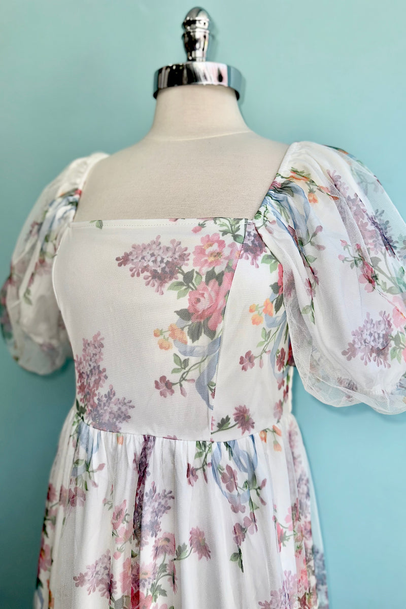 Floral Tulle Smocked Midi Dress