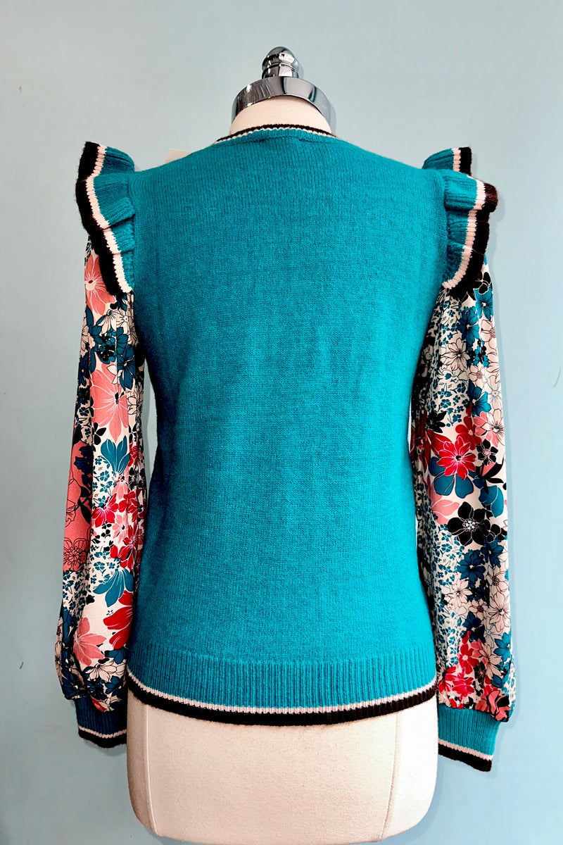 Turquoise Cable Knit Sweater Vest with Floral Sleeves