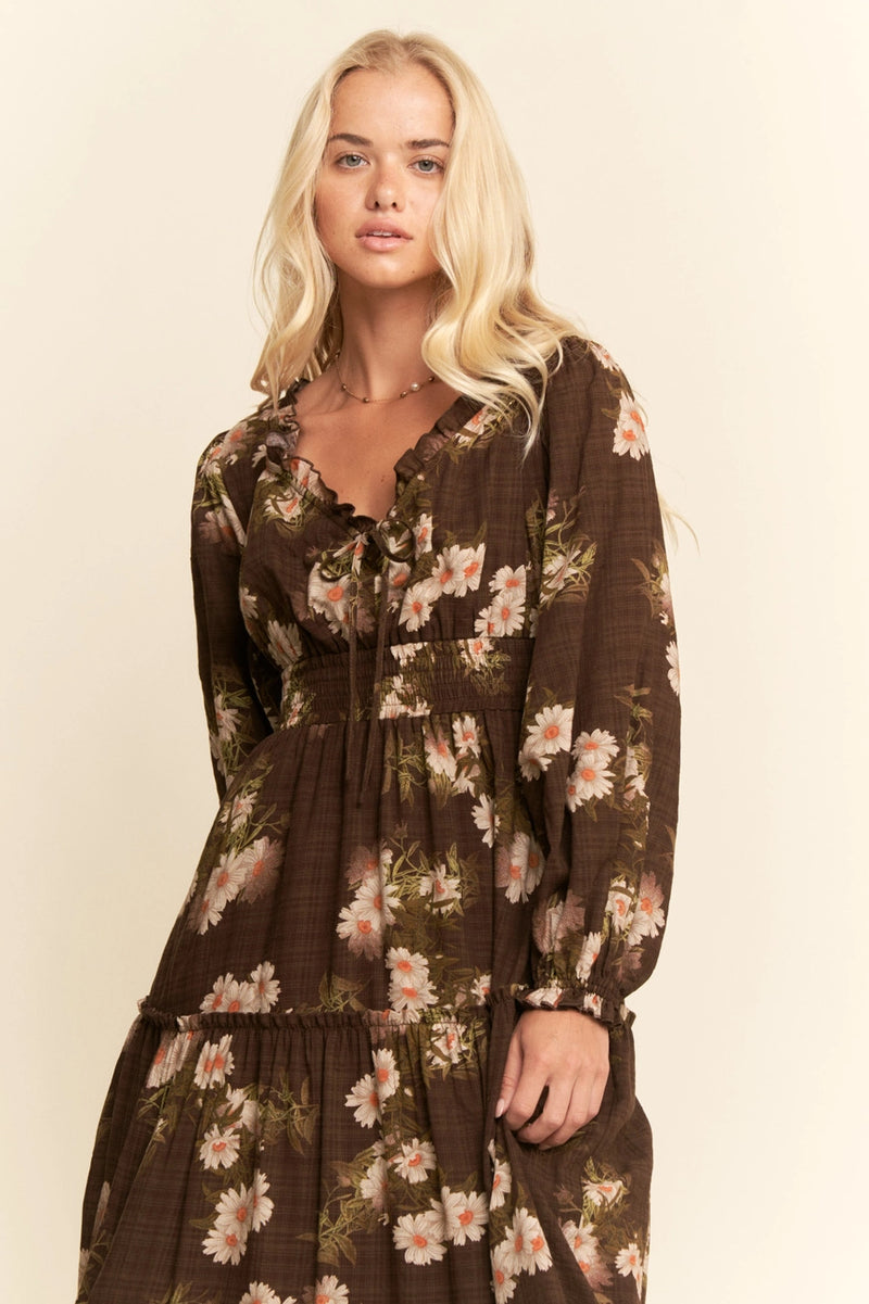 Brown Floral Long Sleeve Midi Dress