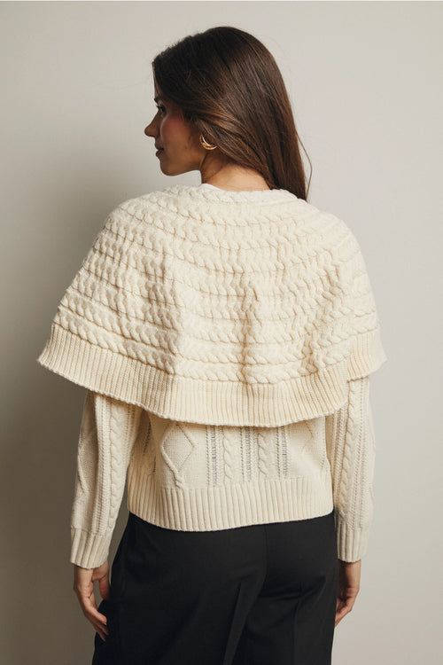 Cable Knit Capelet Cardigan with Velvet Bow in Ivory