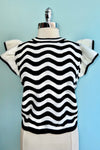 Black and Ivory Wave Ruffle Sleeveless Sweater