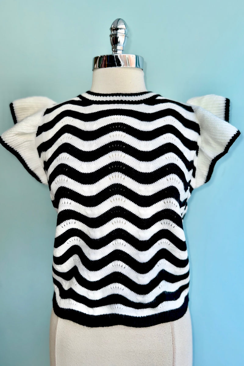 Black and Ivory Wave Ruffle Sleeveless Sweater