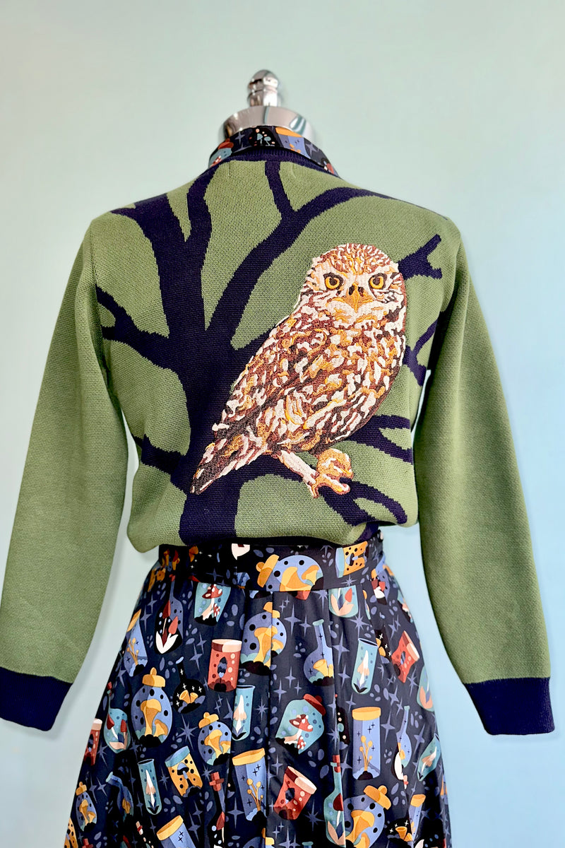 Green Owl Embroidered and Jacquard Vera Cardigan by Palava