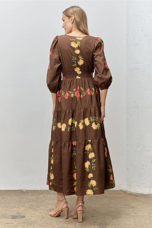 Brown Floral Print Bubble Sleeve Maxi Dress
