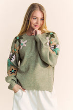 Floral Embroidered Pullover Sweater in Olive