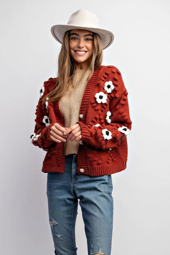3D Flower Cardigan in Burgundy