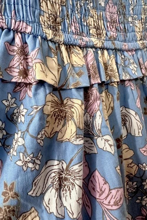 Denim Blue Smocked Floral Midi Dress