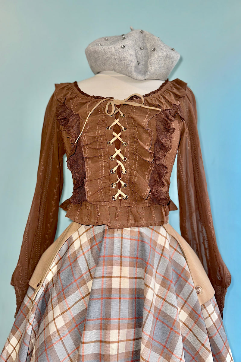 Lace Up Smocked Top in Mocha