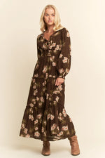 Brown Floral Long Sleeve Midi Dress