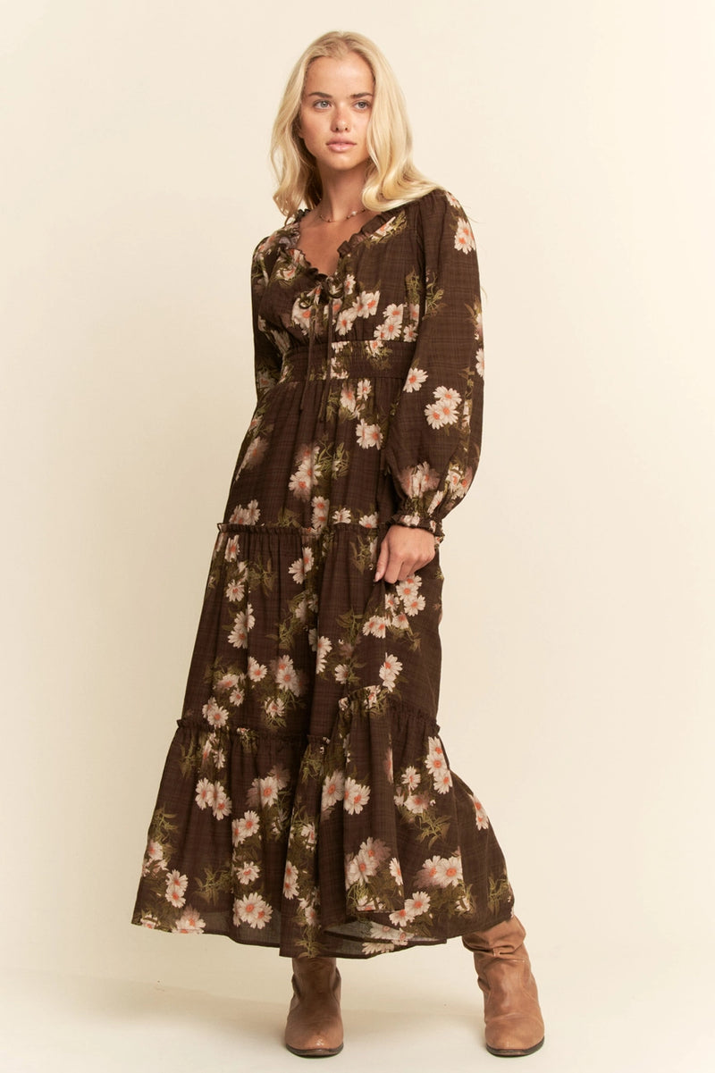Brown Floral Long Sleeve Midi Dress