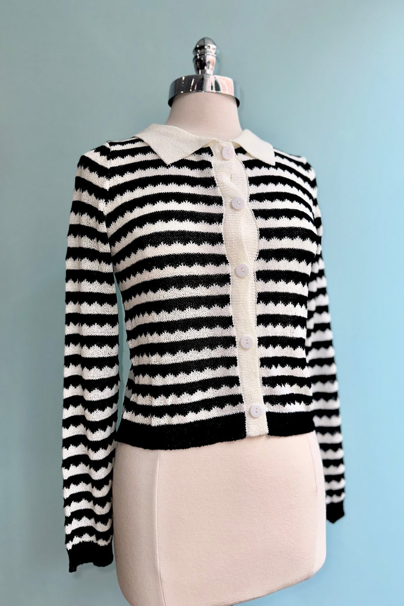 Black and White Cropped Collared Cardigan by Compania Fantastica