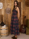 Navy Plaid Smocked Ruffle Sleeveless Midi Dress