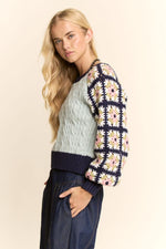 Navy Cable Knit and Granny Squares Pullover Sweater