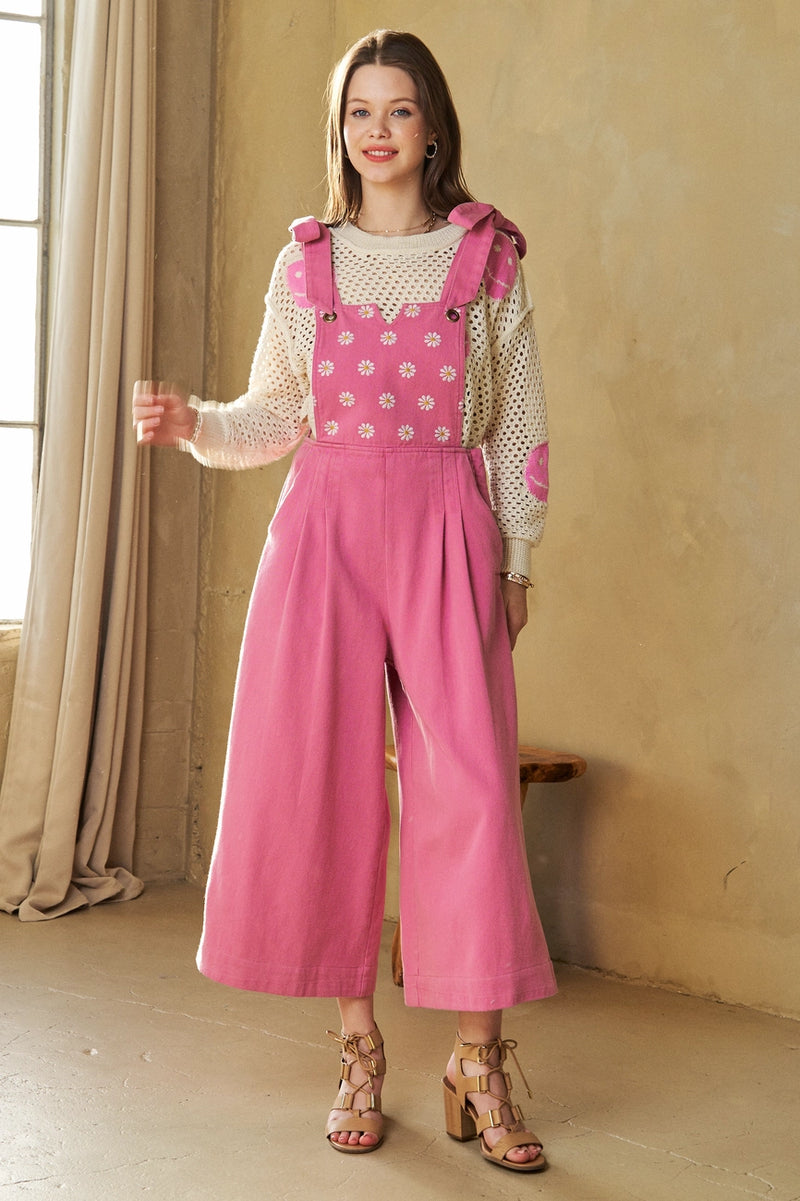 Pink Cropped Embroidered Overalls Jumpsuit