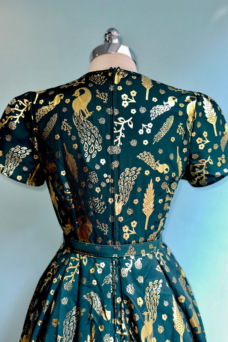 Teal and Gold Peacock Print Dahlia Dress