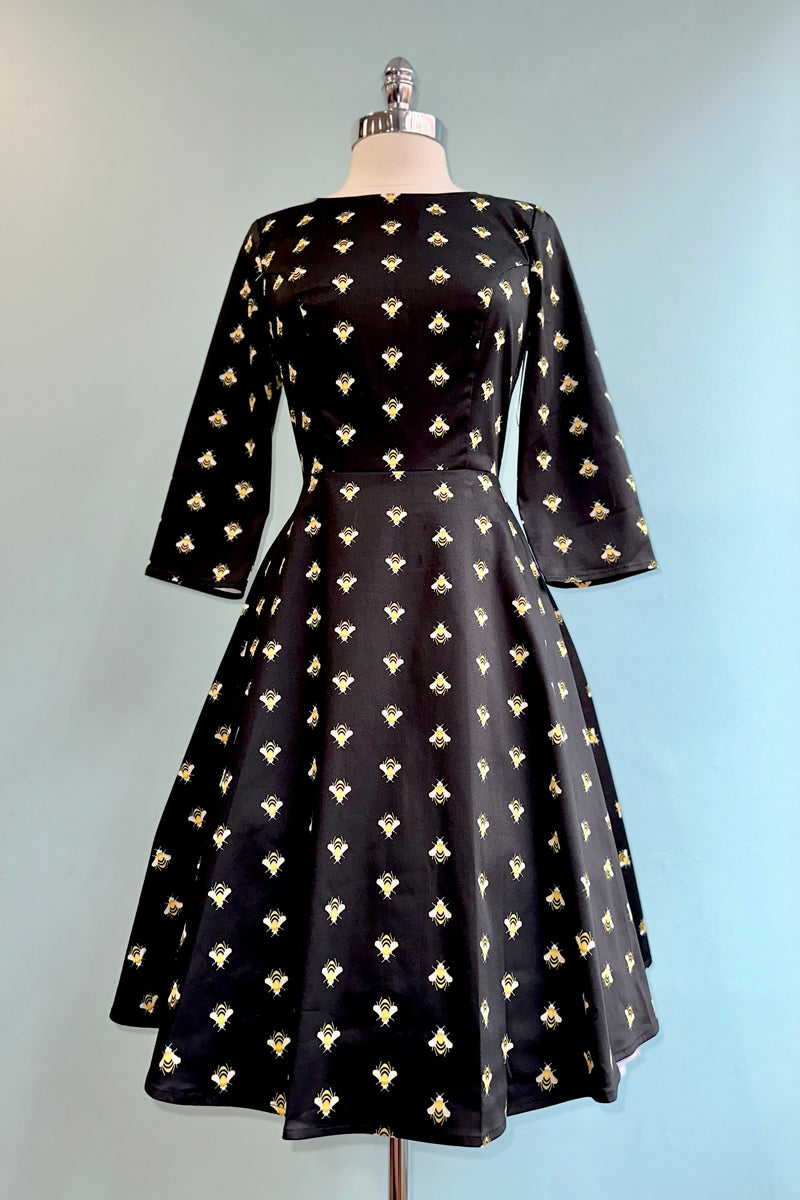black dress with gold bees Bumblebee theme dress