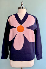 Large Pink Flower on a Navy Sweater by Compania Fantastica
