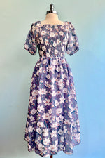 Lavender Floral Bubble Sleeve Midi Dress