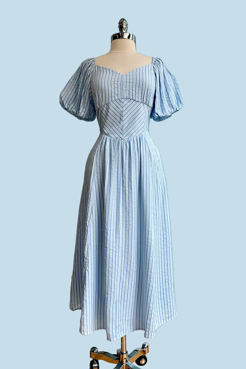 midi dress tie back Light Blue Puff Sleeve Tie Back Midi Dress – Modern Millie