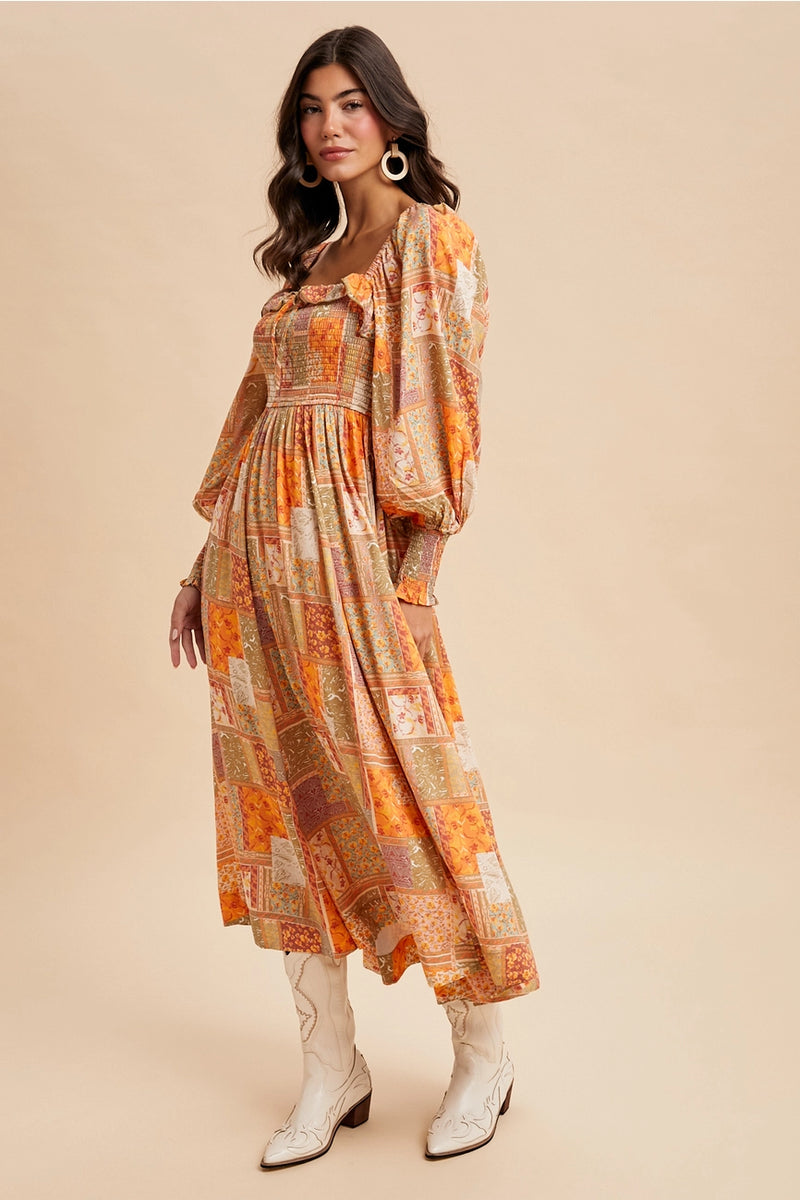 Smocked Ruffled Patchwork Maxi Dress