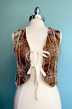 Brown Embroidered Tie Front Vest