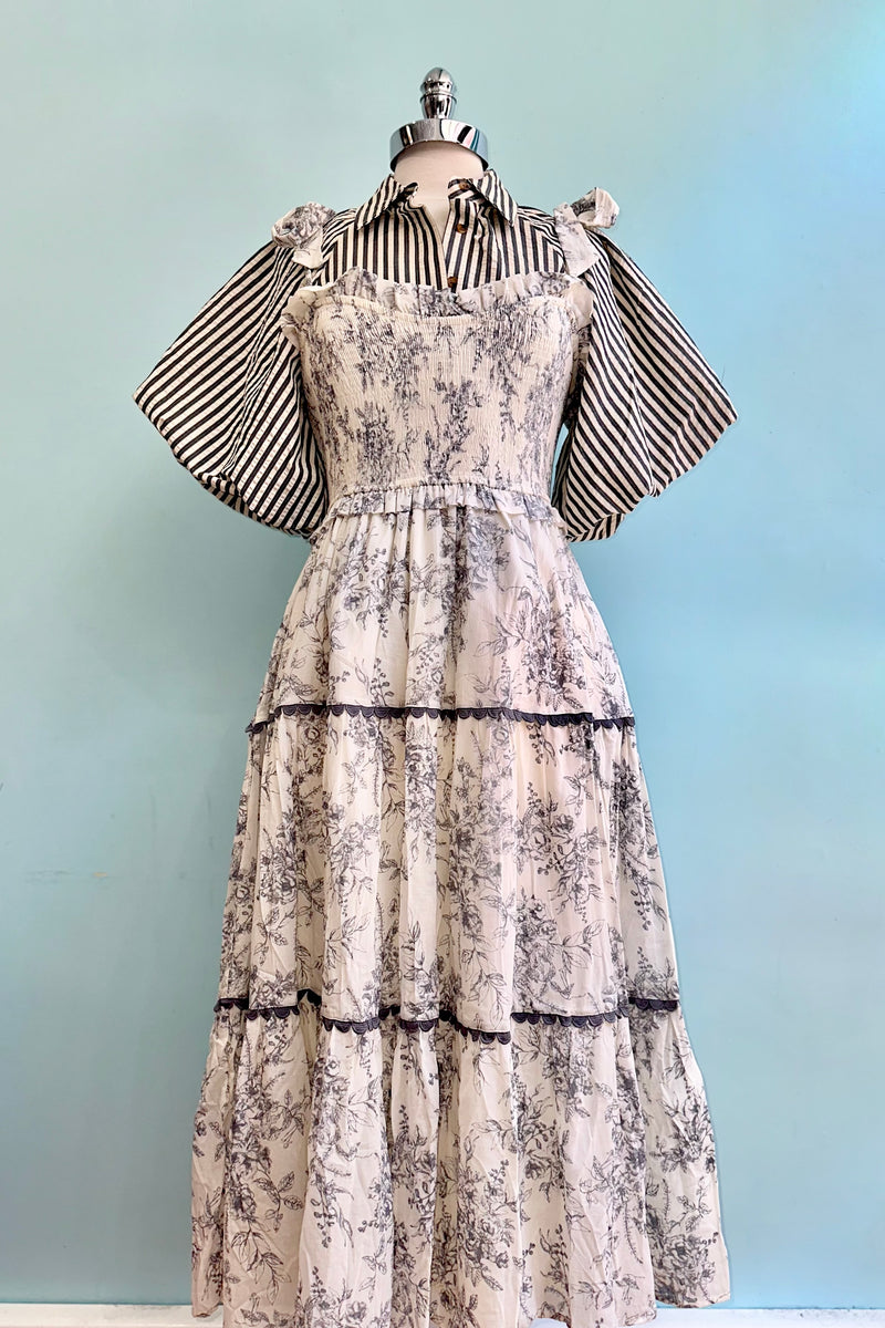 Charcoal and White Toile Smocked Midi Dress