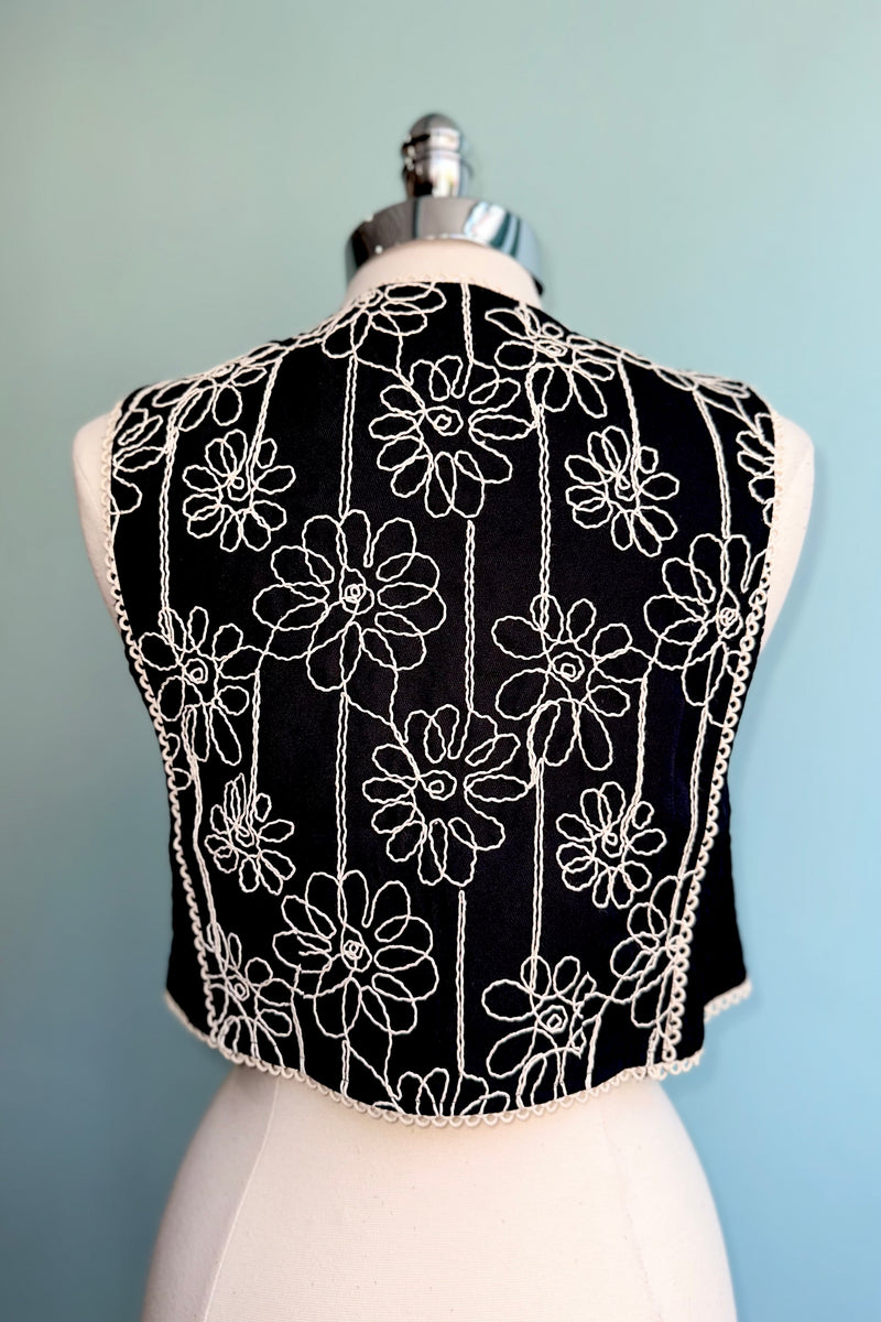 Black Embroidered Tie Front Vest