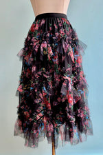 Ruffle and Floral Tulle Skirt in Black