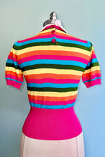 Rainbow Stripe Heart Cut-Out Short Sleeve Sweater