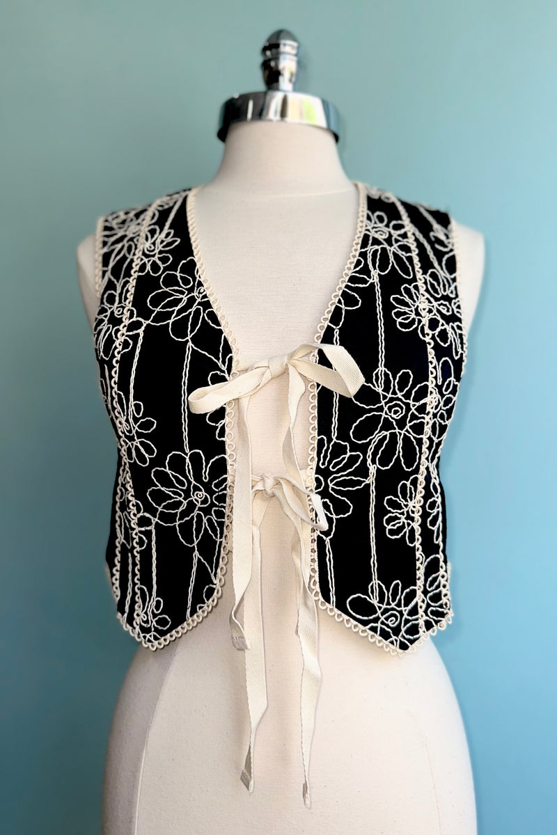 Black Embroidered Tie Front Vest