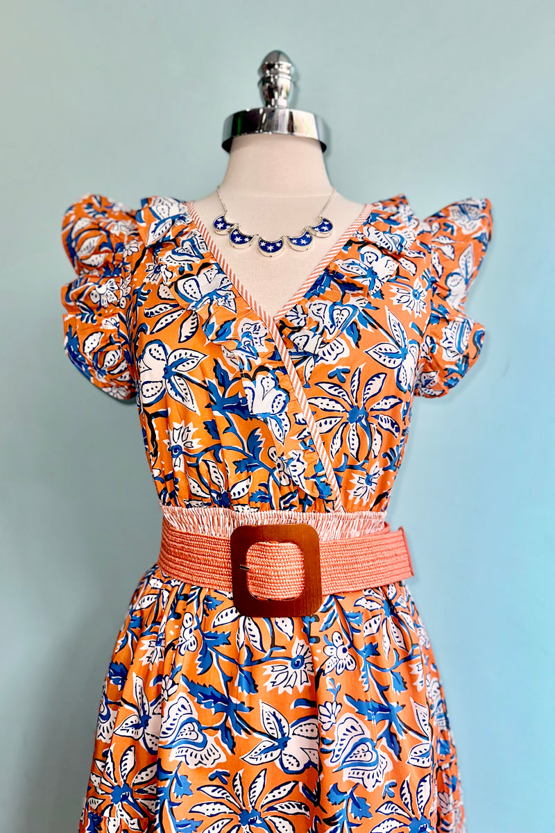 Orange and Blue Floral Ruffle Sleeve Midi Dress