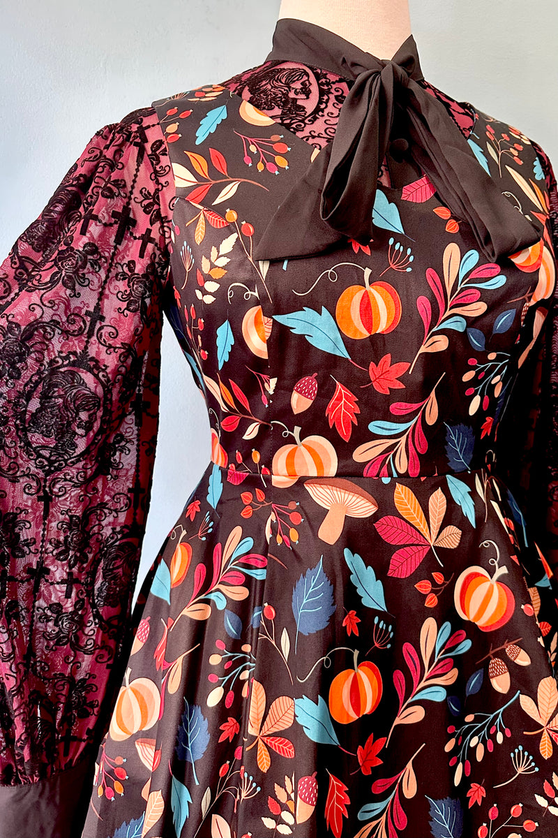 Pumpkins and Leaves V-Neck Dress by Eva Rose
