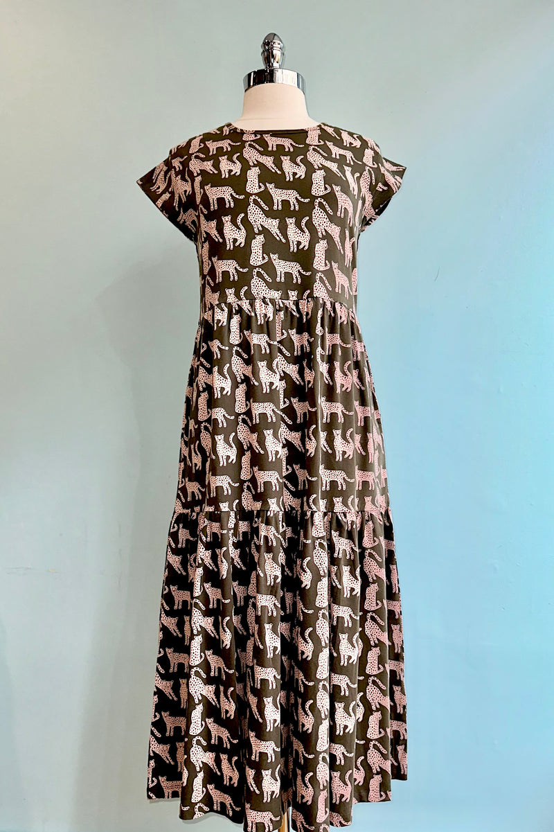 Green Leopard Tiered Jersey Dress by Mata Traders