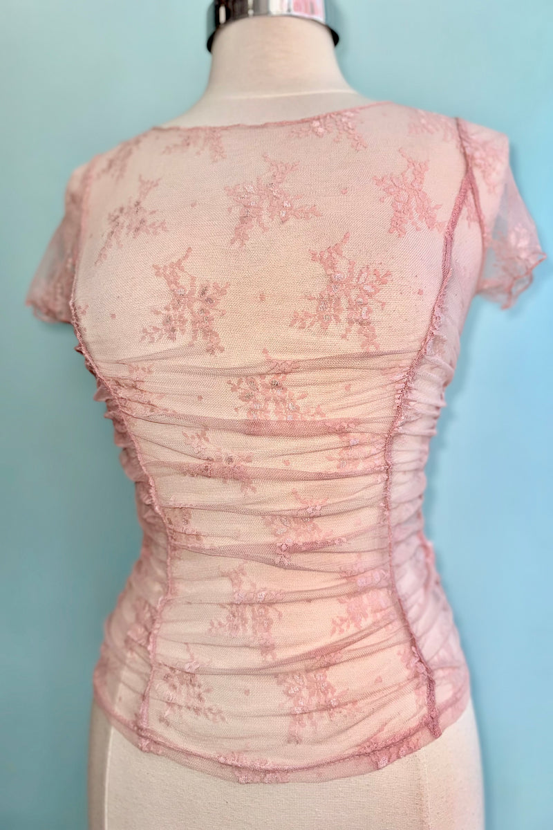 Blush Ruched Short Sleeve Mesh Top
