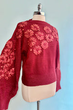 Crimson Embroidered Flower Detail Knit Sweater