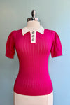 Hot Pink Short Sleeve Pointelle Sweater with Rhinestone Buttons