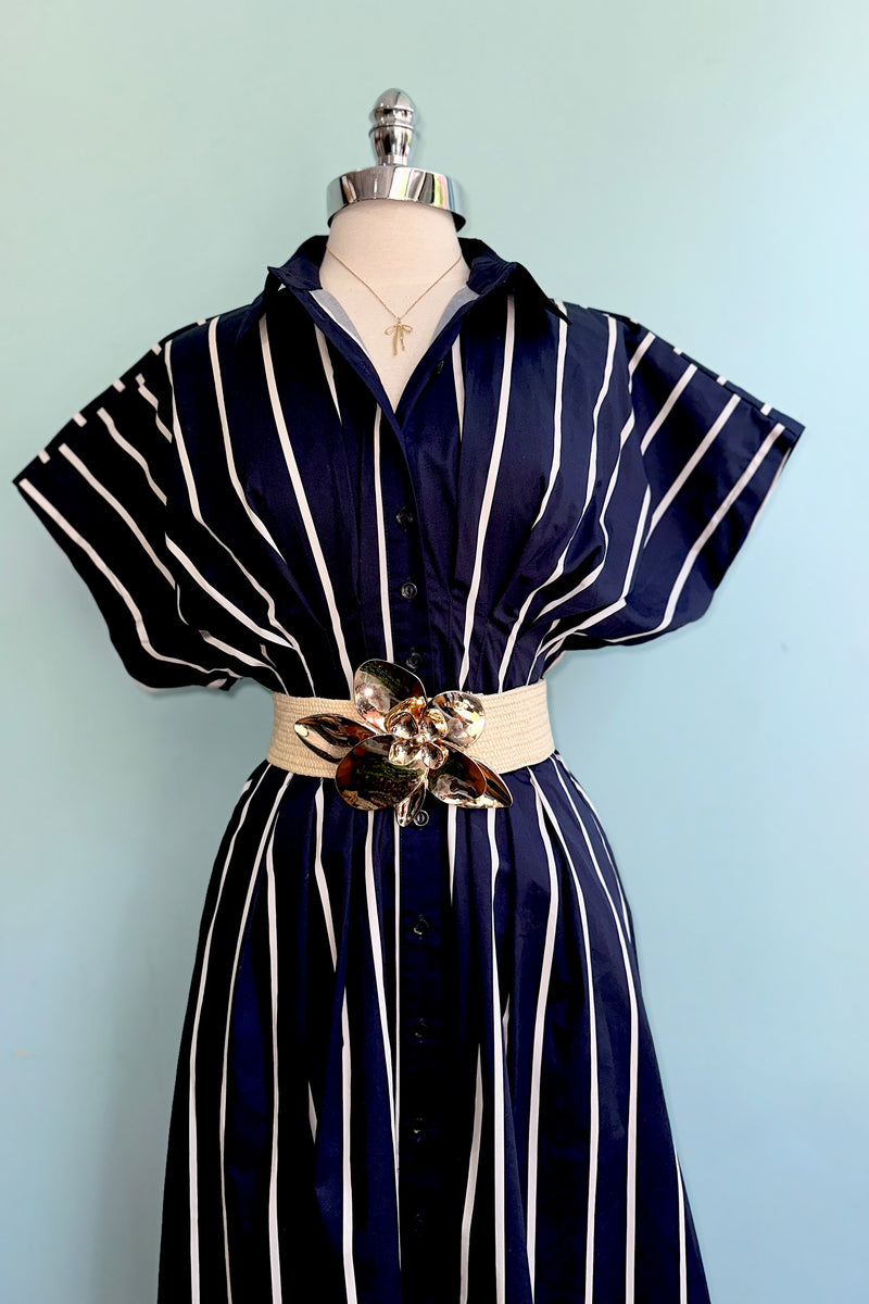 Navy Striped Button Front Midi Dress  Modern Millie