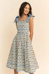 Cat Faces Tie Shoulder Smocked Midi Dress