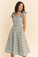 Cat Faces Tie Shoulder Smocked Midi Dress