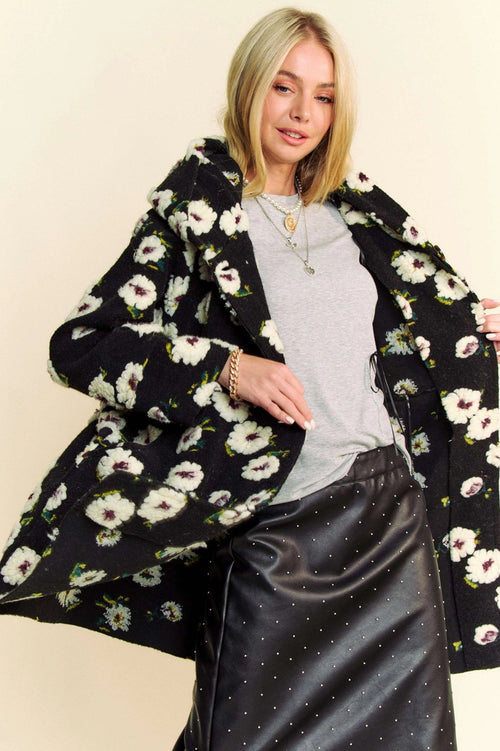 Black Hoodie Jacket with White Fluffy Flowers