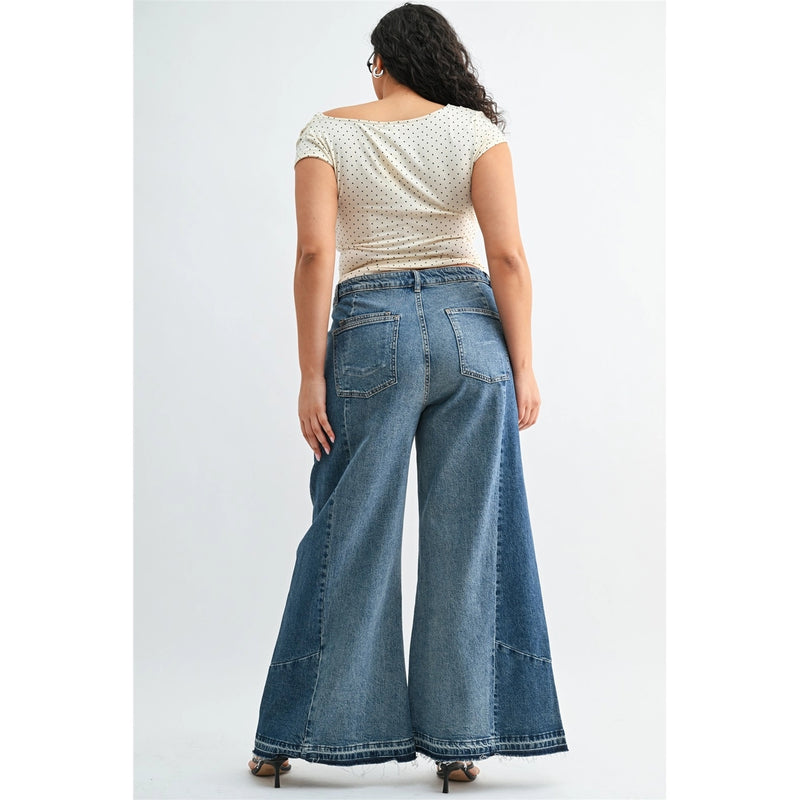 High Rise Tummy Tuck Wide Leg Contrast Panel Jeans by Mica Denim