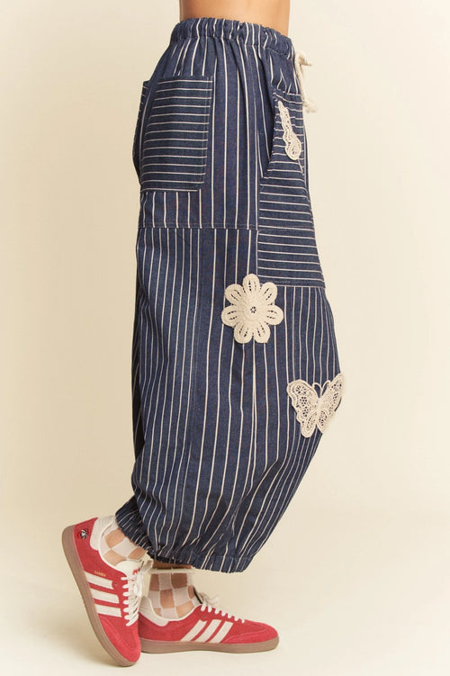 Butterfly Striped Barrel Pants in Navy