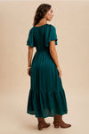 Emerald Smocked Satin Midi Dress