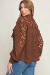 Brown Lace Long Sleeve and Tie Neck Blouse