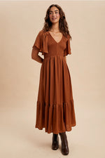 Sepia Smocked Satin Midi Dress