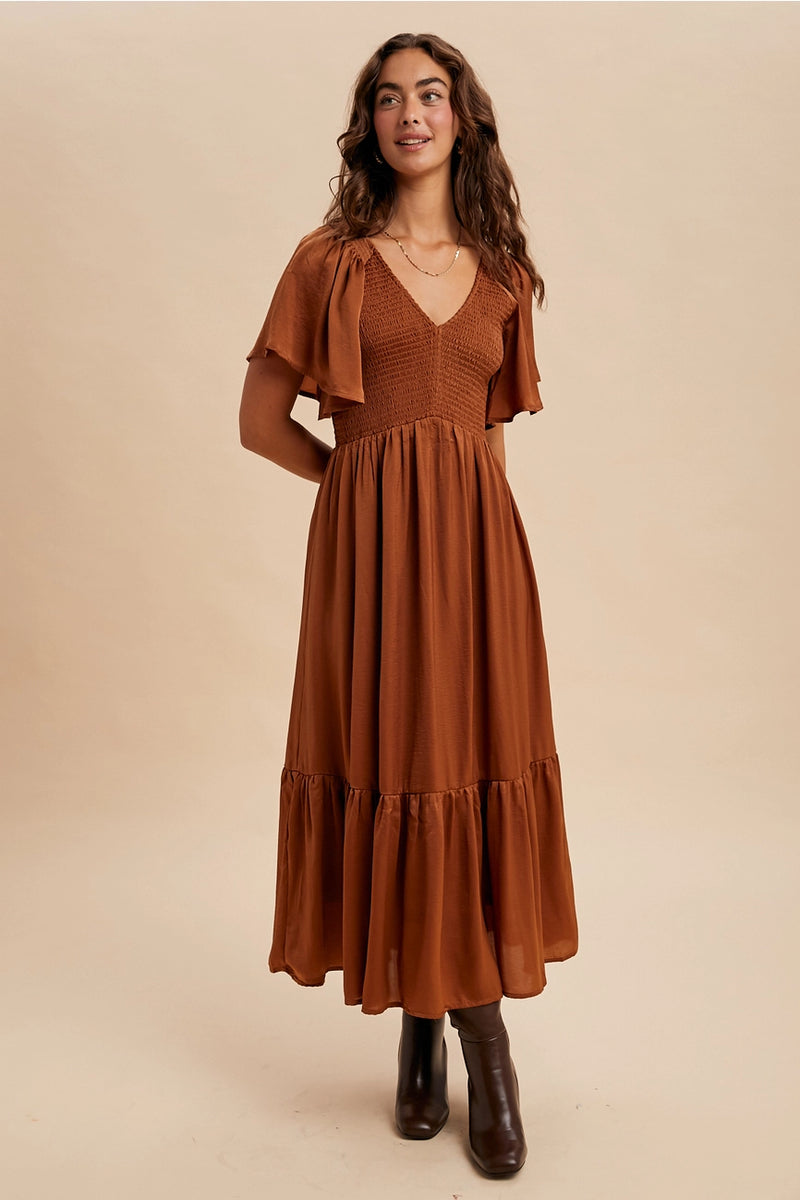 Sepia Smocked Satin Midi Dress