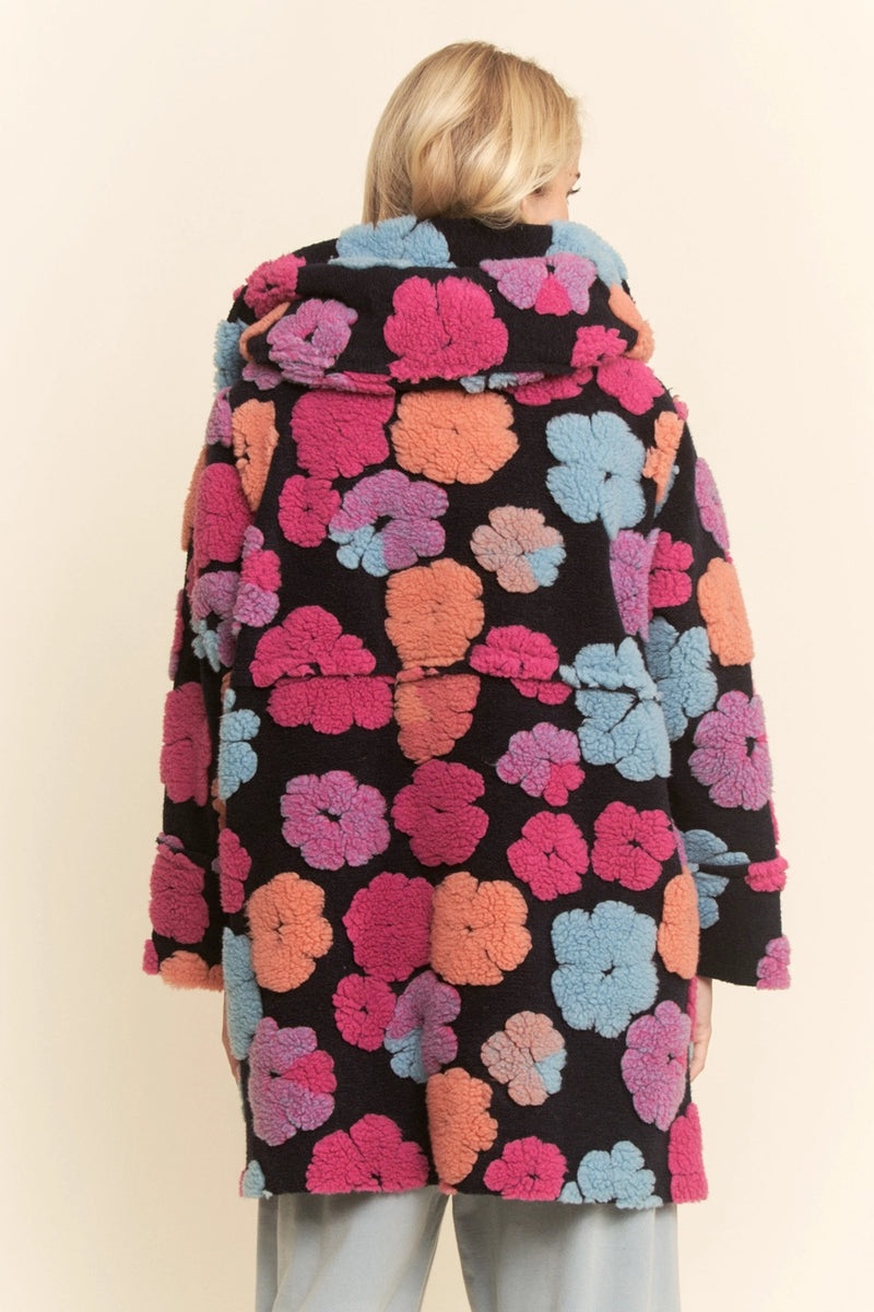 Navy Hoodie Jacket with Fluffy Flowers
