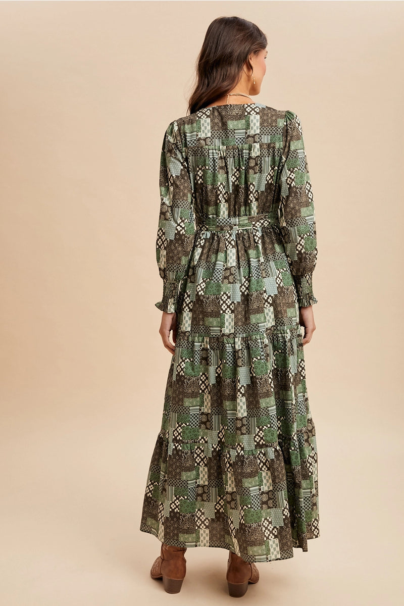 Patchwork Long Sleeve Maxi Dress