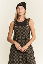 Black & Charcoal Checkerboard Denim Wide Leg Jumpsuit